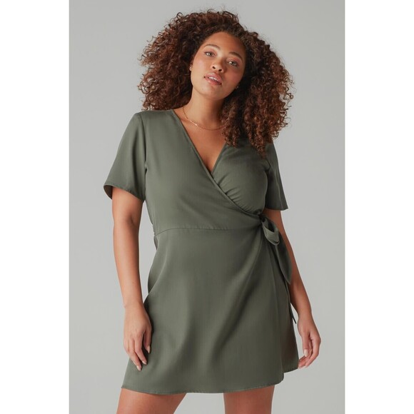 Vetta Capsule Short Wrap Dress Women's Size Small Olive Green Tencel Mini Dress - Picture 1 of 7